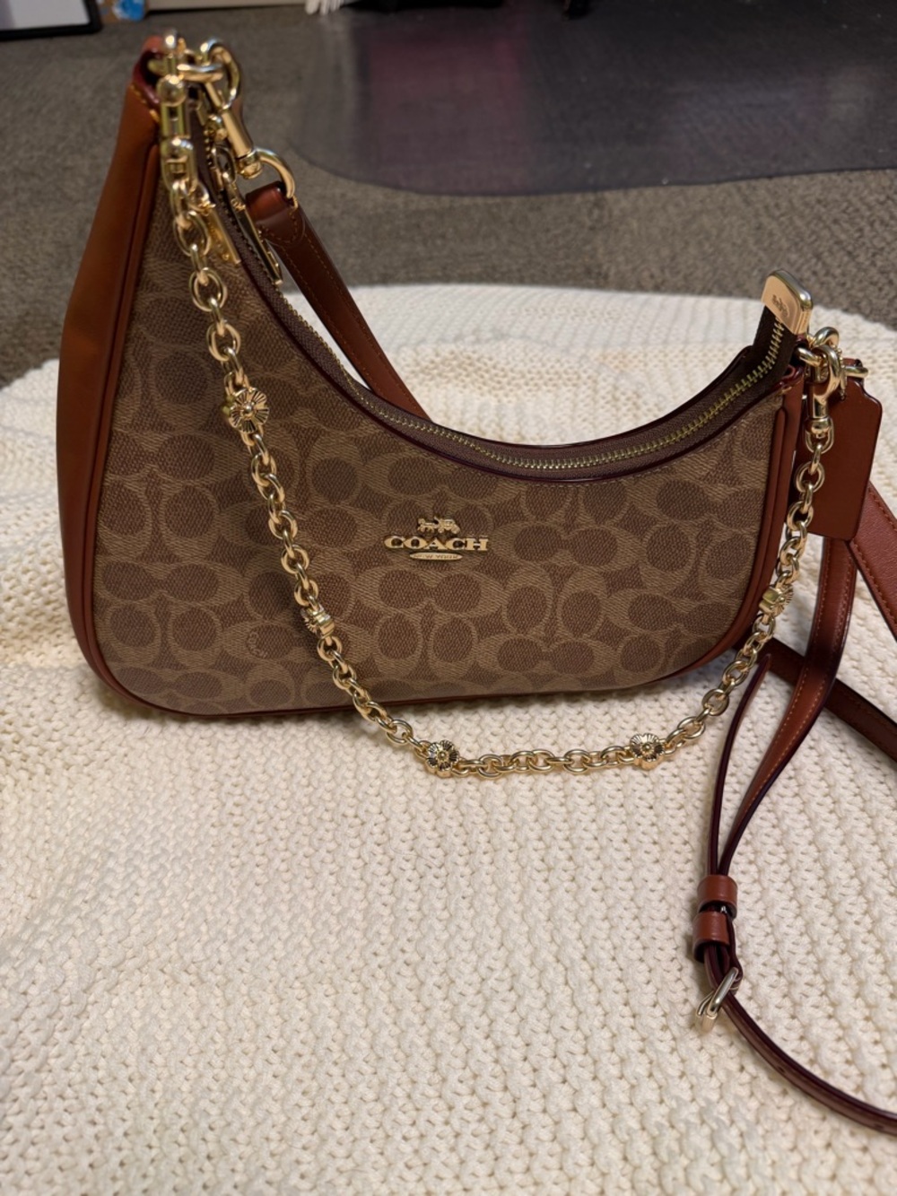 Coach Brown Signature Canvas Shoulder Bag with Gold Chain